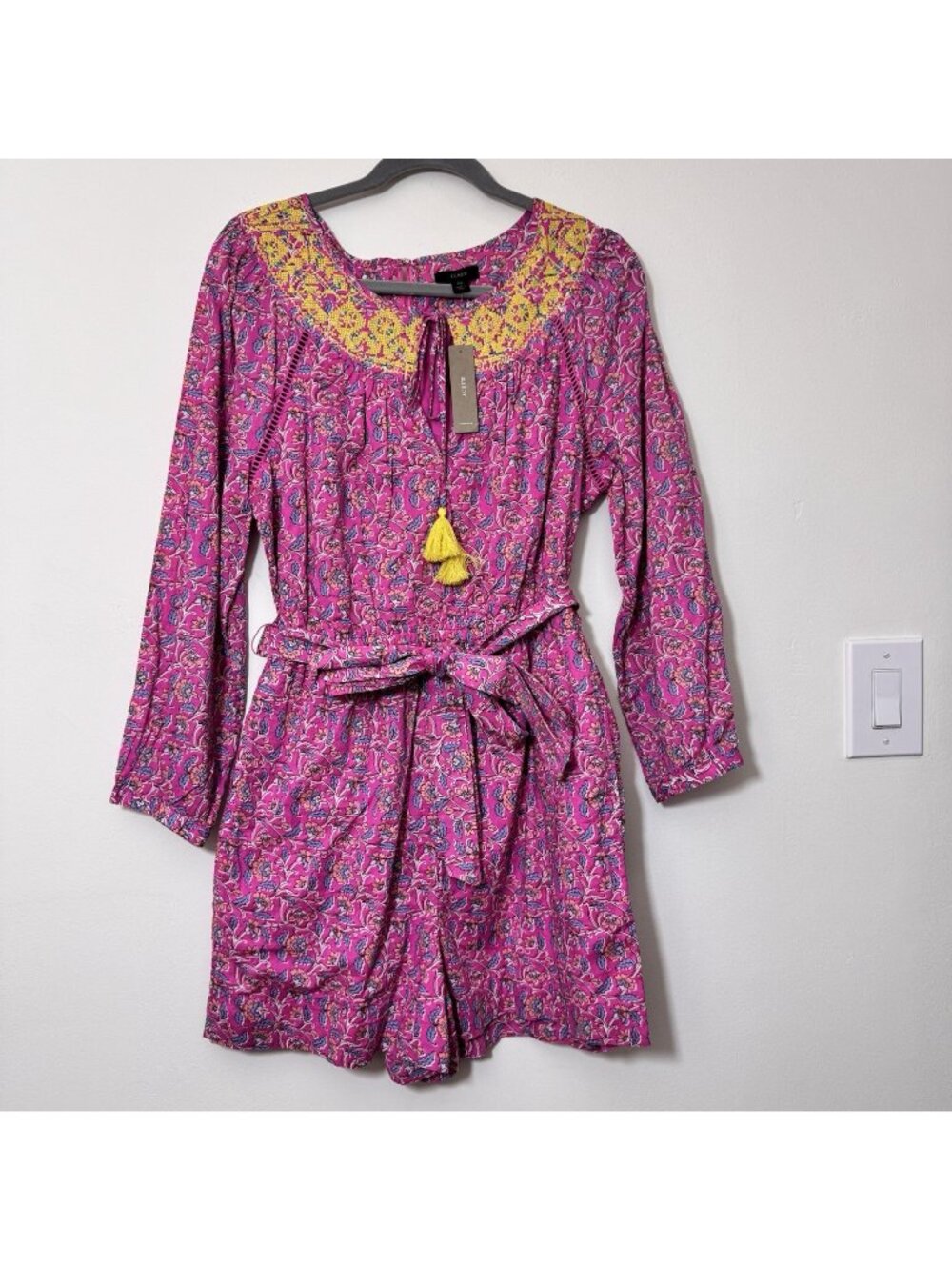 J. Crew Embroidered Romper Women’s Size 10 Belted Pink Vines Block Print New